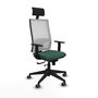 Silla de oficina Horna con mecanismo Sincro/Traslack tapizada con Tela color Verde botella y malla color Blanco. Equipada con lumbar 1D, Brazos 1D, Cabecero Fijo y Ruedas 65 mm parqué