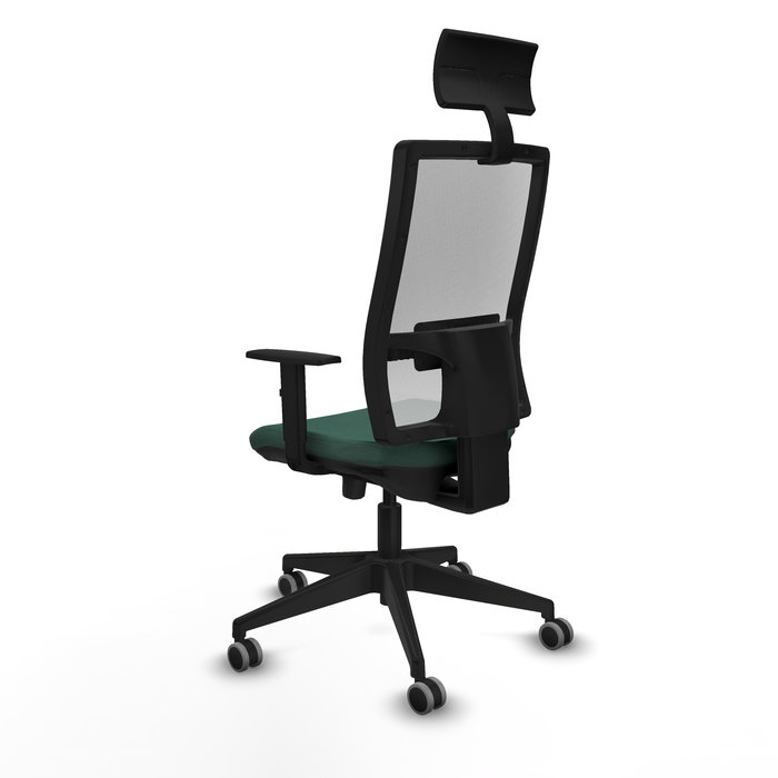 Silla de oficina Horna con mecanismo Sincro/Traslack tapizada con Tela color Verde botella y malla color Blanco. Equipada con lumbar 1D, Brazos 1D, Cabecero Fijo y Ruedas 65 mm parqué
