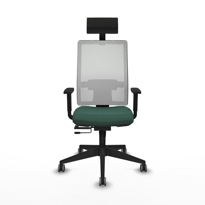 Silla de oficina Horna con mecanismo Sincro/Traslack tapizada con Tela color Verde botella y malla color Blanco. Equipada con lumbar 1D, Brazos 1D, Cabecero Fijo y Ruedas 65 mm parqué