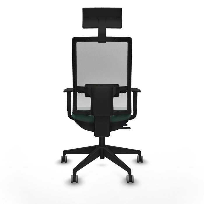 Silla de oficina Horna con mecanismo Sincro/Traslack tapizada con Tela color Verde botella y malla color Blanco. Equipada con lumbar 1D, Brazos 1D, Cabecero Fijo y Ruedas 65 mm parqué