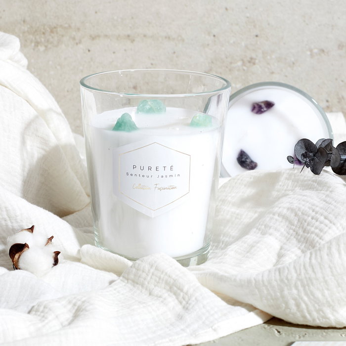 Home Deco Factory Vela Perfumada con Piedras Decorativas para Meditación, 16 cm de Altura, 13 cm Diámetro, 630 g de Cera de Parafina, Combustión 60h