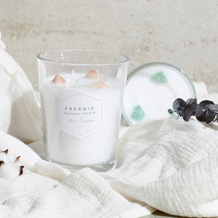 Home Deco Factory Vela Perfumada con Piedras Decorativas para Meditación, 16 cm de Altura, 13 cm Diámetro, 630 g de Cera de Parafina, Combustión 60h