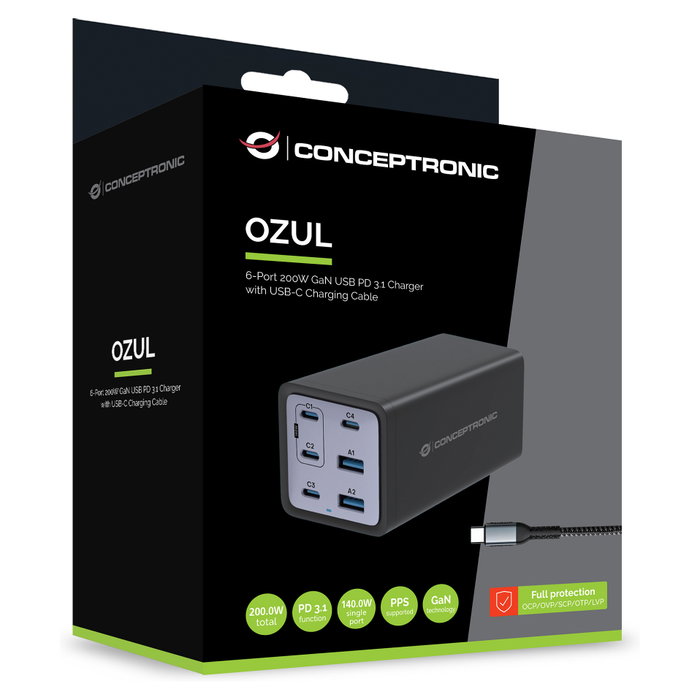 Conceptronic OZUL06BE Cargador de 6 Puertos 200W con USB-C y USB-A