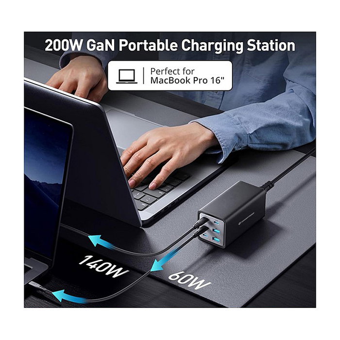Conceptronic OZUL06BE Cargador de 6 Puertos 200W con USB-C y USB-A