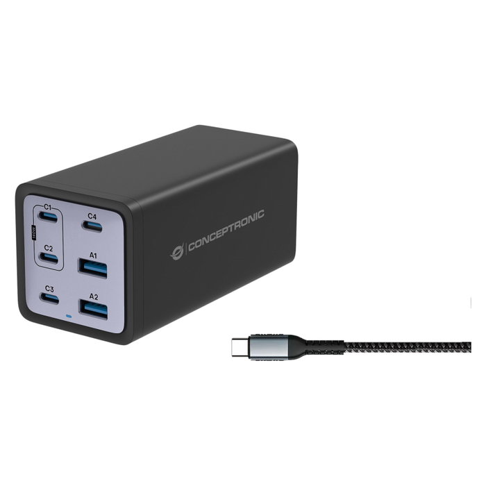 Conceptronic OZUL06BE Cargador de 6 Puertos 200W con USB-C y USB-A