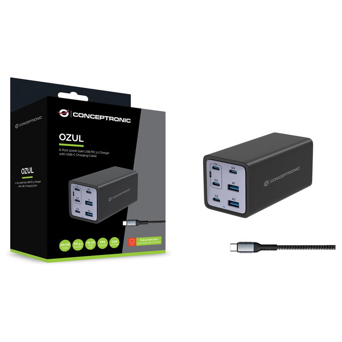 Conceptronic OZUL06BE Cargador de 6 Puertos 200W con USB-C y USB-A