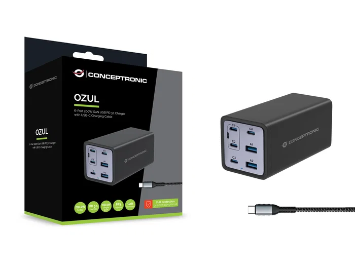 Conceptronic OZUL06BE Cargador de 6 Puertos 200W (4x USB-C y 2x USB-A)