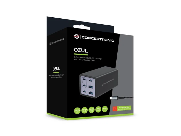 Conceptronic OZUL06BE Cargador de 6 Puertos 200W (4x USB-C y 2x USB-A)
