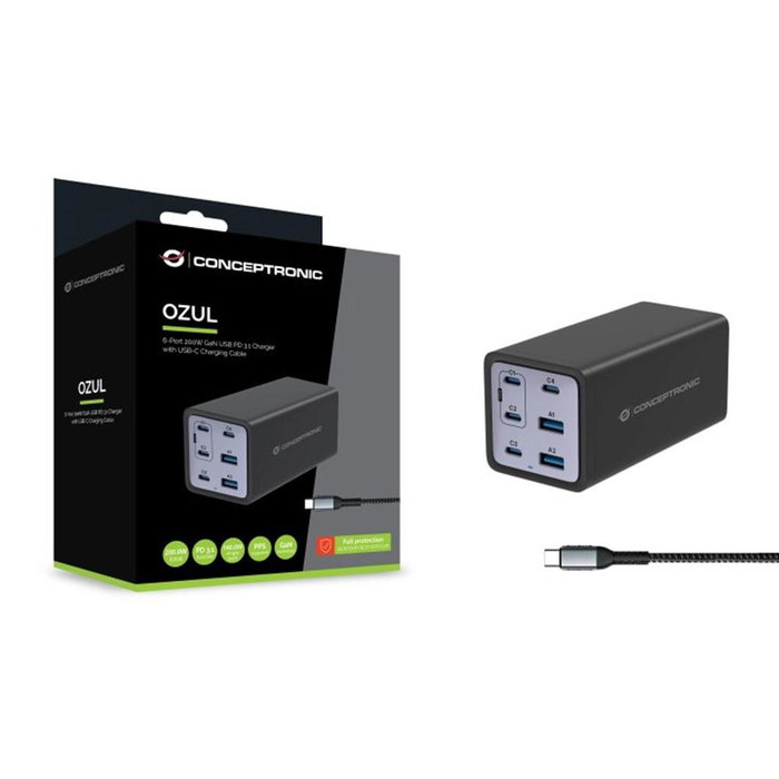 Conceptronic Cargador Ozul06Be 200W GaN, 6 Puertos USB-C PD 3.1 y USB-A QC 3.0, Carga Rápida Universal, Negro Conceptronic Cargador Ozul06Be 200W GaN, 6 Puertos USB-C PD 3.1 y USB-A QC 3.0, Carga Rápida Universal, Negro