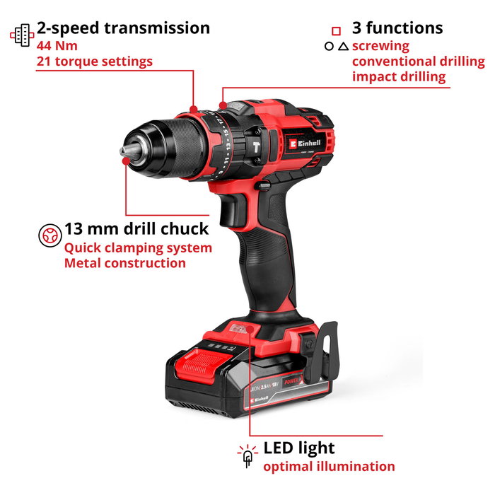 Einhell TE-CD 18/44 Li-i Akku-Schlagbohrschrauber 18V con batería de 2,5 Ah