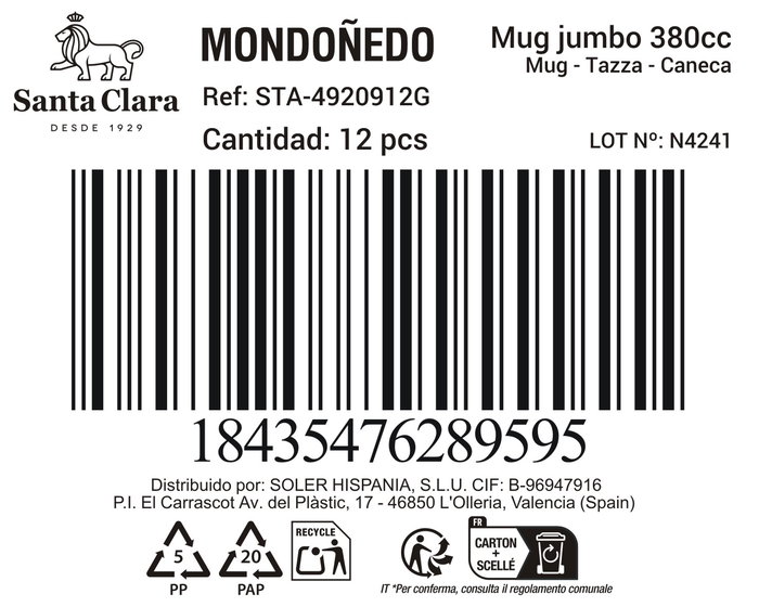 Inde Mug Jumbo, Cerámica 380 cc, Color Mondoñedo Gris, Modelo Santa Clara, 9 cm x 11 cm, Peso 337 g (12 Unidades)