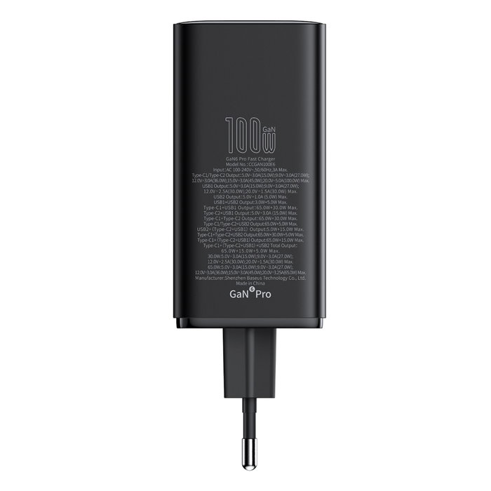 Baseus GaN6 Pro 100W EU con cable de 1m Negro