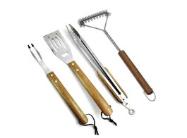 DKD Home Decor Set de 4 Utensilios para Barbacoa INOX ACACIA
