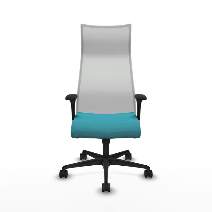 Sillón Albacete con mecanismo Sincro tapizada con Tela color Turquesa y malla color Blanco. Equipado con Base nailon negra, Brazos 1D y Ruedas 65mm nailon