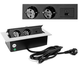 HERRAJES ALK Regleta Enchufes Basculante R9006 con 2 Schuko y 2 USB (Tipo A+C) para Oficina Aluminio Plata Mate 2,5m Cable