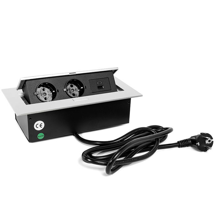 HERRAJES ALK Regleta Enchufes Basculante R9006 con 2 Schuko y 2 USB (Tipo A+C) para Oficina Aluminio Plata Mate 2,5m Cable