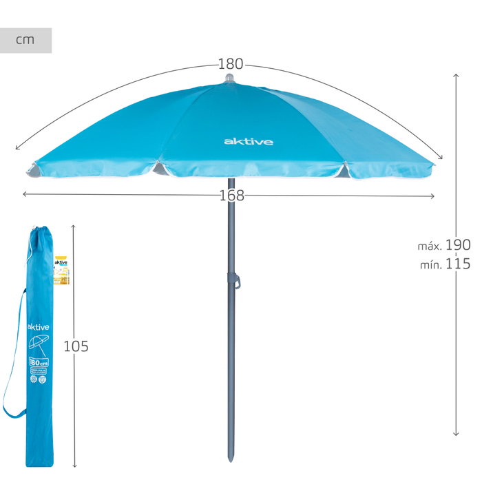Aktive Sombrilla de playa azul de 180 cm con mástil inclinable