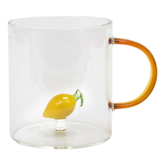 Home Deco Factory - Mug Vidrio Colección Secret Glass, Figura de Fruta (Fresa, Cereza, Limón), Vidrio Borosilicatado, 300 ml, Apto Microondas