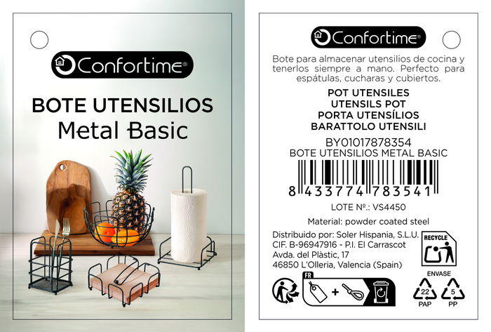 Inde Bote de Utensilios de Metal Basic Confortime, 11.5 cm (Ancho) x 16.3 cm (Alto) x 11.4 cm (Largo), Peso 3.27 kg (12 Unidades)