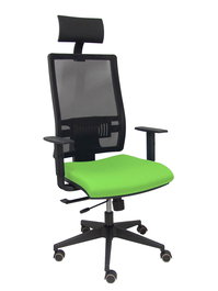 Silla de oficina Horna con mecanismo Sincro/Traslack tapizada con Tela color Pistacho y malla color Negro. Equipada con lumbar 1D, Brazos 1D, Cabecero Fijo y Ruedas de parqué