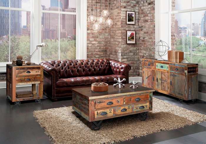 GINER Y COLOMER Aparador Madera Reciclada Multicolor 3 Cajones 3 Puertas