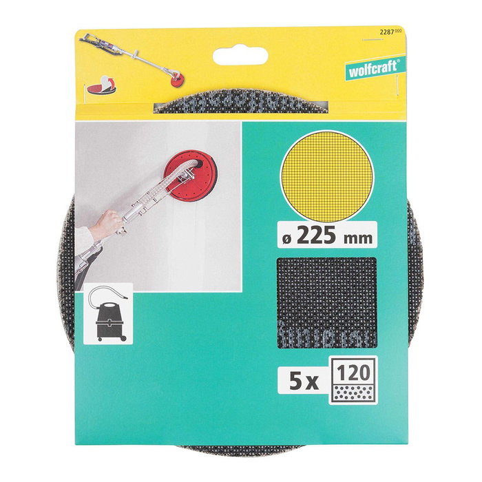 Wolfcraft Discos de Lijar Autoadherentes de Rejilla de Carburo ø225 mm Grano 120 para Placas de Yeso y Madera, 5 uds