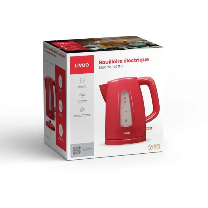 Livoo Hervidor de Agua DOD184RC 2200W 1.7L Rojo Base Giratoria 360°