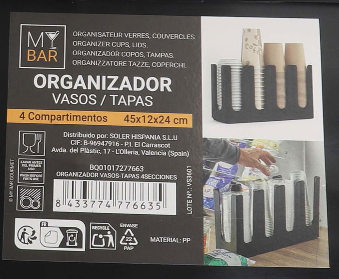 My Bar Organizador Vasos-Tapas 4 Secciones 44 cm Largo x 11.5 cm Ancho x 22.5 cm Alto (8 Unidades)