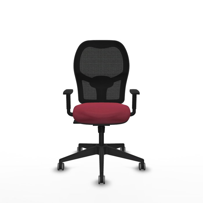 Silla de oficina Alocén con mecanismo Sincro tapizada con Tela color Granate y malla color Negro. Equipada con lumbar 1D, Brazos 1D y Ruedas 65 mm parqué