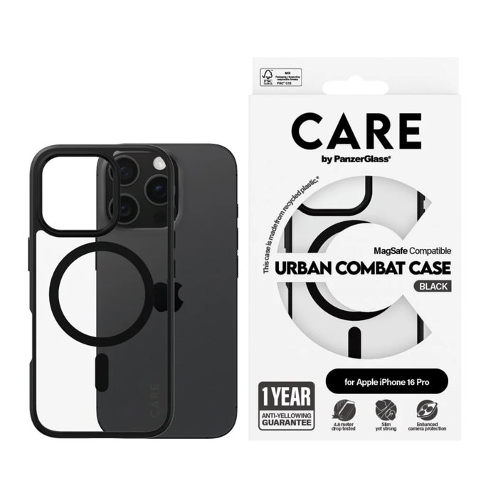 Care CARE by PanzerGlass Flagship Case Transparente con Marco Negro y MagSafe para iPhone 16 Pro