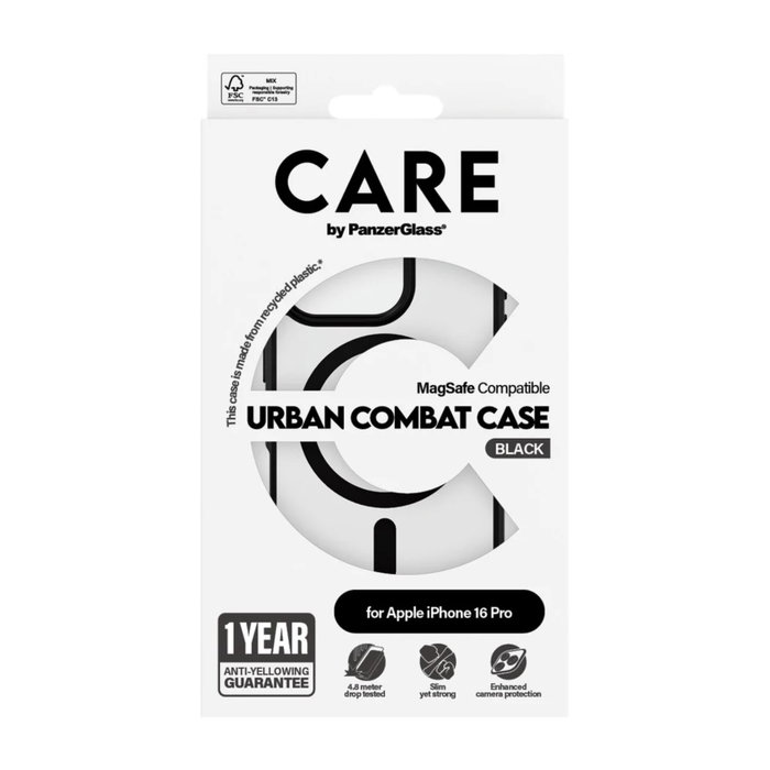 Care CARE by PanzerGlass Flagship Case Transparente con Marco Negro y MagSafe para iPhone 16 Pro