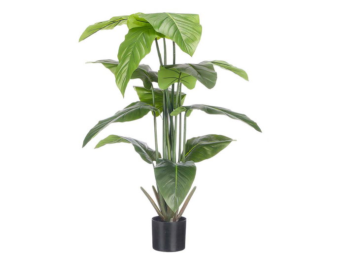 Ibergarden Maceta Planta Artificial Hojas Punta Ancha, 130x60x60 cm, Verde y Negro, 12 Hojas, Incluye Maceta 15x15x12.5 cm (Set de 4)