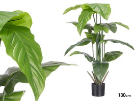 Ibergarden Maceta Planta Artificial Hojas Punta Ancha, 130x60x60 cm, Verde y Negro, 12 Hojas, Incluye Maceta 15x15x12.5 cm (Set de 4)