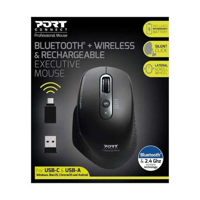Port Designs AUC3567049007164 - Ratón Inalámbrico Bluetooth Recargable 3200 DPI, 7 Botones, Ejecutivo Oficina