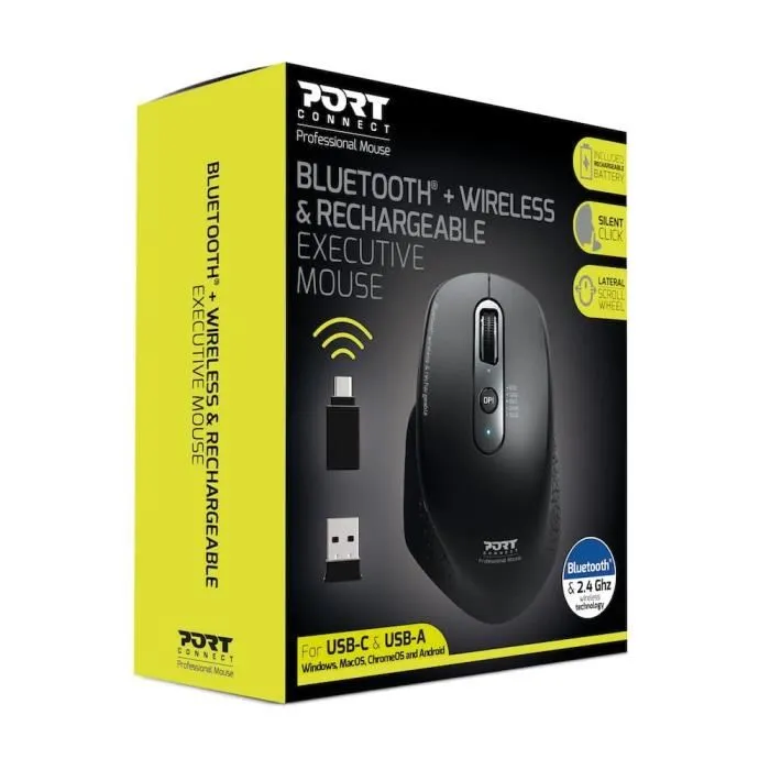 Port Designs AUC3567049007164 - Ratón Inalámbrico Bluetooth Recargable 3200 DPI, 7 Botones, Ejecutivo Oficina