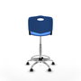 Taburete Robledo con mecanismo Giratorio de PVC color Azul. Equipado con Base cromada, Sin brazos y Ruedas de parqué