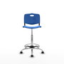 Taburete Robledo con mecanismo Giratorio de PVC color Azul. Equipado con Base cromada, Sin brazos y Ruedas de parqué