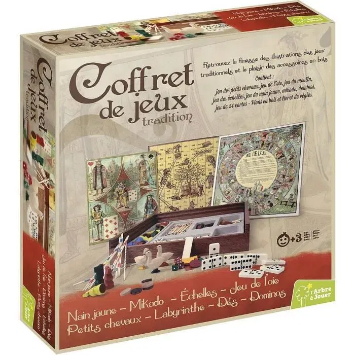 L'Arbre A Jouer EL ÁRBOL PARA JUGAR My Tradition Game Box Juego de Mesa con Caballos, Gansos, Mikado, Dominó y Cartas en Caja de Madera 32.5x32.5x6.5cm