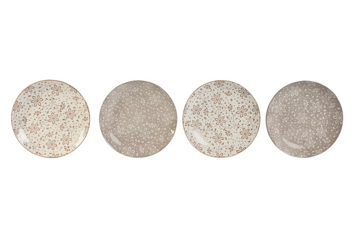 DKD Home Decor Set de 4 Platos de Porcelana Flores Beige