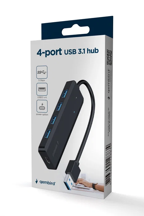 Gembird UHB-U3P4P-02 Hub USB 4 Puertos USB 3.1 Gen 1 Type-A 5 Gbps Negro - Compatible con USB 2.0 y Windows 10/11