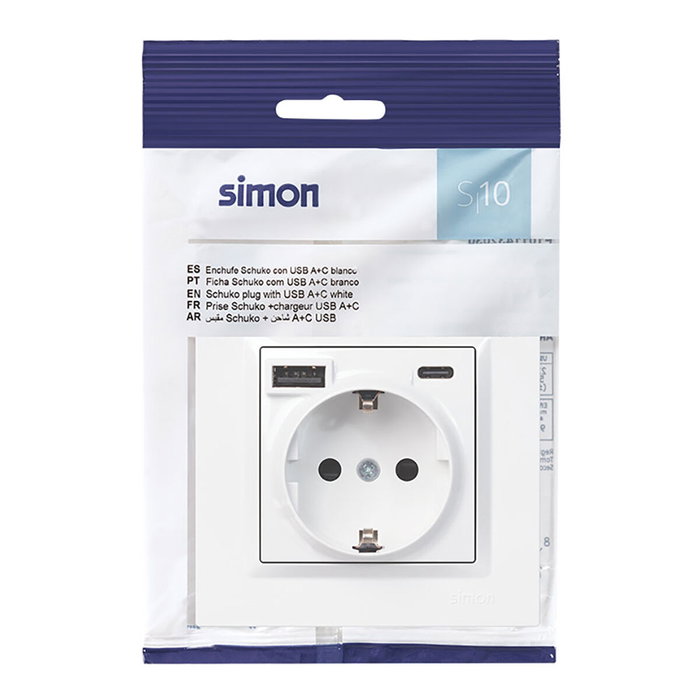 Simon Base enchufe schuko + usb a + c 10,5 w 16 a 250 v~, simon 10, blanco