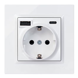 Simon - Base de Enchufe Empotrar Simon 10, 1 Toma Schuko + 2 Puertos USB A y C 10.5W, 16A 250V, Color Blanco