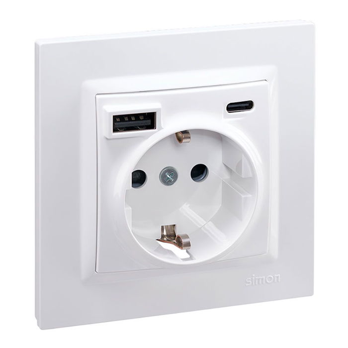 Simon - Base de Enchufe Empotrar Simon 10, 1 Toma Schuko + 2 Puertos USB A y C 10.5W, 16A 250V, Color Blanco