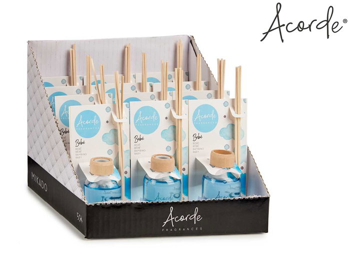 ACORDE Mikado 50 ml Bebé Varilla Ambientador Difusor Aroma Azul Vidrio Palma Ratán Madera Plástico 7 x 5 x 17 cm (Set de 12)