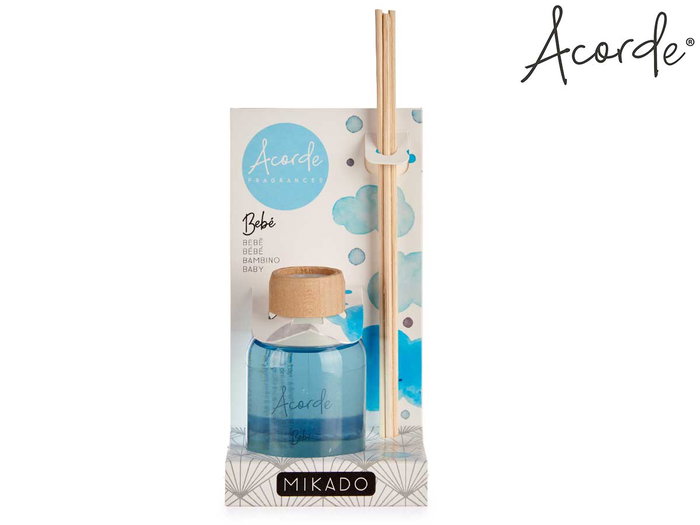 ACORDE Mikado 50 ml Bebé Varilla Ambientador Difusor Aroma Azul Vidrio Palma Ratán Madera Plástico 7 x 5 x 17 cm (Set de 12)
