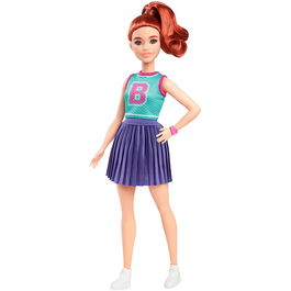 Barbie Muñeca Fashionista Look Animadora HYT90 Mattel con Top Deportivo y Falda Plisada Morada