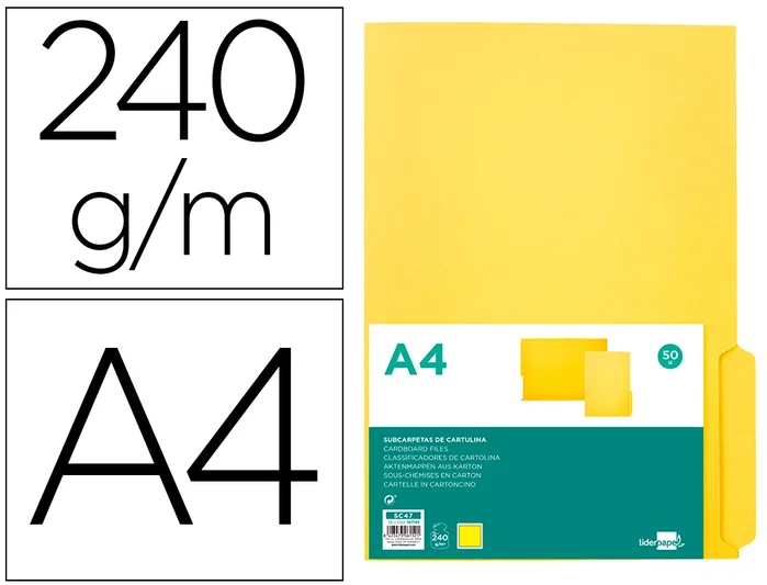 Liderpapel Subcarpeta de cartulina con pestaña derecha, color amarillo, A4 Liderpapel Subcarpeta de cartulina con pestaña derecha, color amarillo, A4