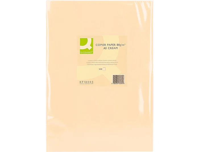 Q-connect Papel color Din A3 80gr crema, 500 hojas. Ideal para impresoras inkjet, láser y fotocopiadoras. Certificado PEFC.