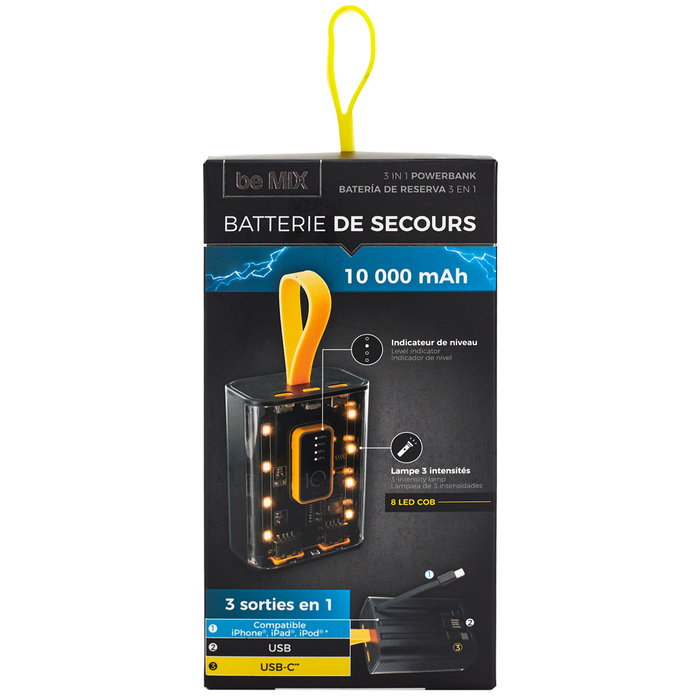 Be Mix Batería Portátil 10000 mAh Power Bank - 3 Salidas, 2 USB + USB-C, Luz LED COB, Compatible iPhone iPad iPod, Batería de Litio