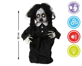 Figura Niña Fantasma Con Vestido Negro y Trenzas de 92 cm, con Luz, Sonido y Movimiento, Decoración Espeluznante para Halloween